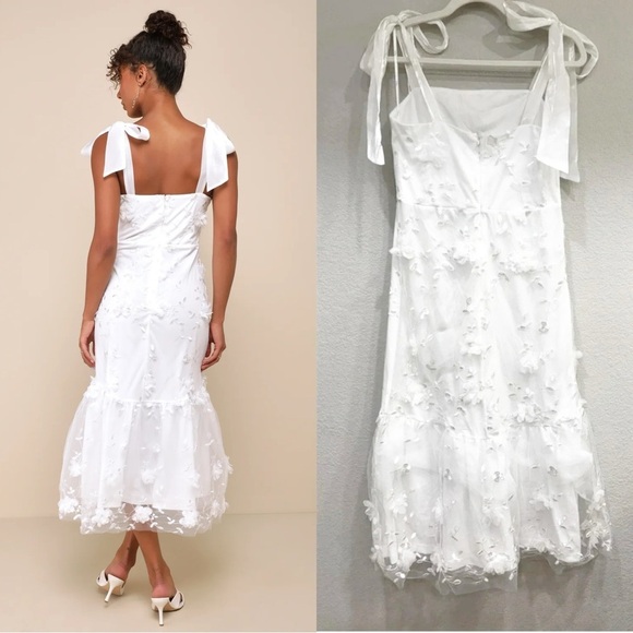 Size M - Lulus Divinely Adored White Embroidered‎ Floral Tie-Strap Midi Dress - Picture 5 of 9